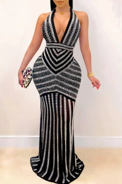 Rhinestones Patchwork Feminine Backless See-Through Maxi Dress
