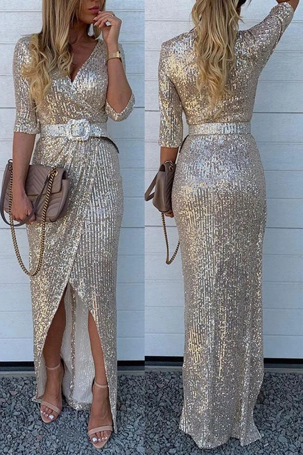 Sequined V Neck Glamorous Maxi Dress 2 Sequined V Neck Glamorous Maxi Dress - Image 2