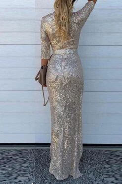 Sequined V Neck Glamorous Maxi Dress 5 Sequined V Neck Glamorous Maxi Dress -Clothing Outlet Store H20122208 2