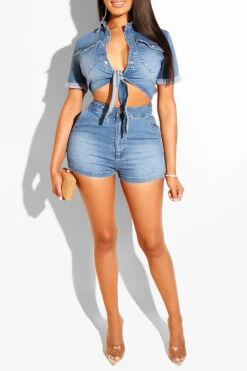 Blue Lapel Urban Knotted Denim Shorts Suit