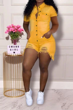 Solid Color Lapel Stylish Ripped Button Down Denim Romper -Clothing Outlet Store H21041531 7 1ec386c7 c6c6 45cf b1f3 061d30a9e592