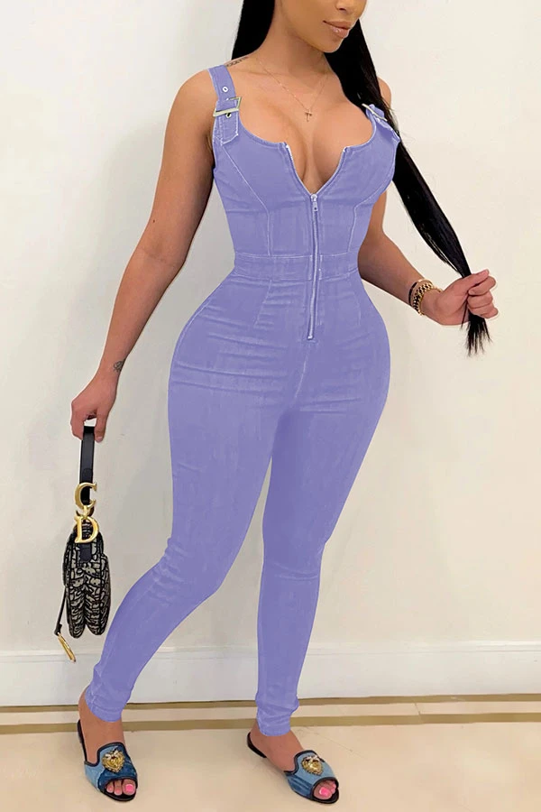Solid Color Chic Zip Through Suspenders Jumpsuit 3 Solid Color Chic Zip Through Suspenders Jumpsuit - Image 3