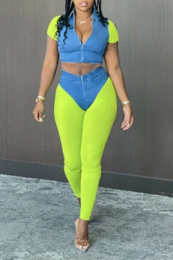 Hit Color Classic Midriff-Baring Pants Suit