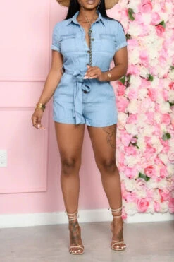 Solid Color Classic Lapel Button Down Belt Denim Romper