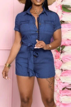 Solid Color Classic Lapel Button Down Belt Denim Romper 9 Solid Color Classic Lapel Button Down Belt Denim Romper -Clothing Outlet Store H21050643 3