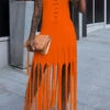 Color Block Tassels Stylish Lace-Up Maxi Dress