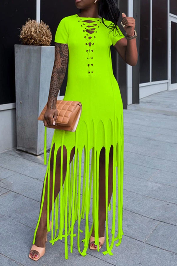 Color Block Tassels Stylish Lace-Up Maxi Dress 2 Color Block Tassels Stylish Lace-Up Maxi Dress - Image 2