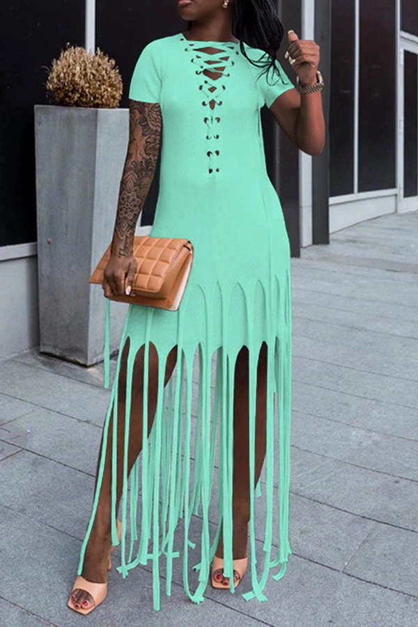 Color Block Tassels Stylish Lace-Up Maxi Dress 3 Color Block Tassels Stylish Lace-Up Maxi Dress - Image 3