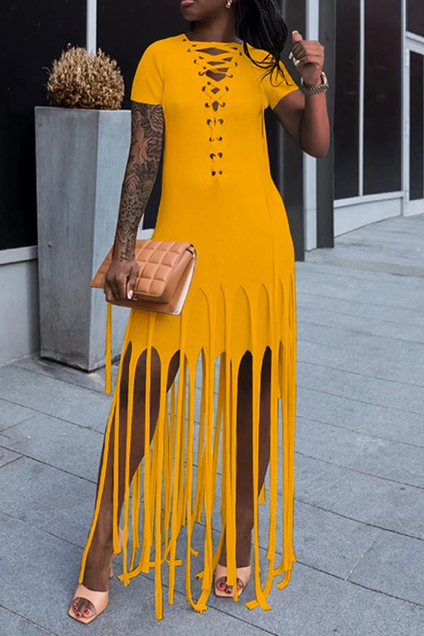 Color Block Tassels Stylish Lace-Up Maxi Dress 5 Color Block Tassels Stylish Lace-Up Maxi Dress - Image 5