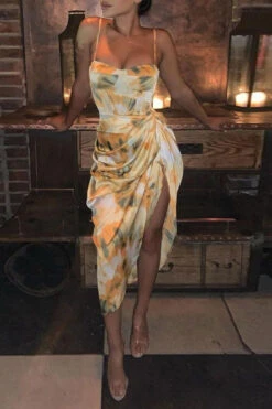 Abstract Print Ruffle Glamorous Splited Midi Dress