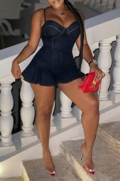 Black Feminine Ruffles Denim Romper