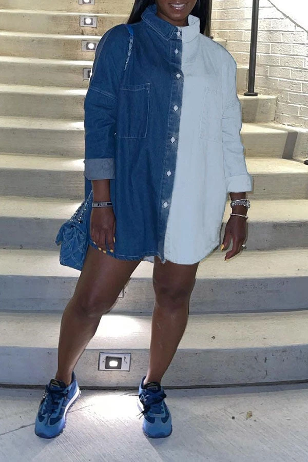 Color Block Lapel Boyish High Low Denim Midi Dress 2 Color Block Lapel Boyish High Low Denim Midi Dress - Image 2