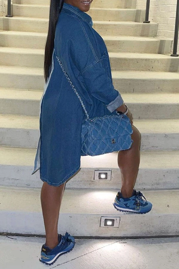 Color Block Lapel Boyish High Low Denim Midi Dress 3 Color Block Lapel Boyish High Low Denim Midi Dress - Image 3