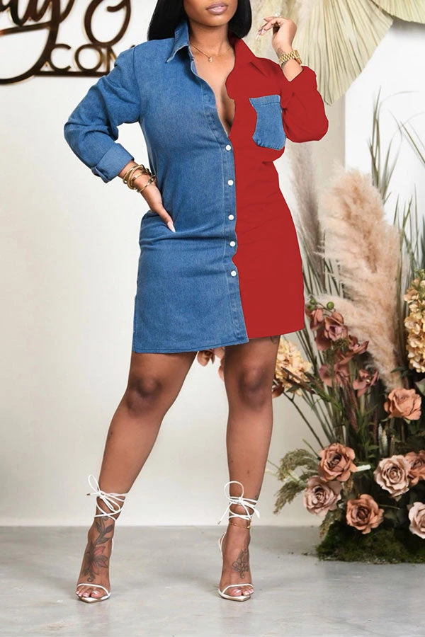 Color Block Lapel Casual Button Down Denim Mini Dress 4 Color Block Lapel Casual Button Down Denim Mini Dress - Image 4