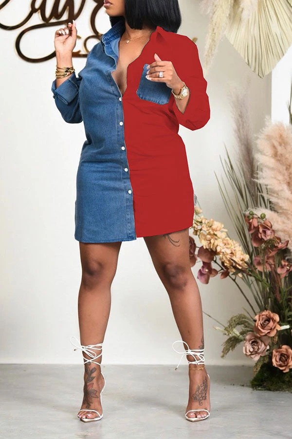 Color Block Lapel Casual Button Down Denim Mini Dress 5 Color Block Lapel Casual Button Down Denim Mini Dress - Image 5