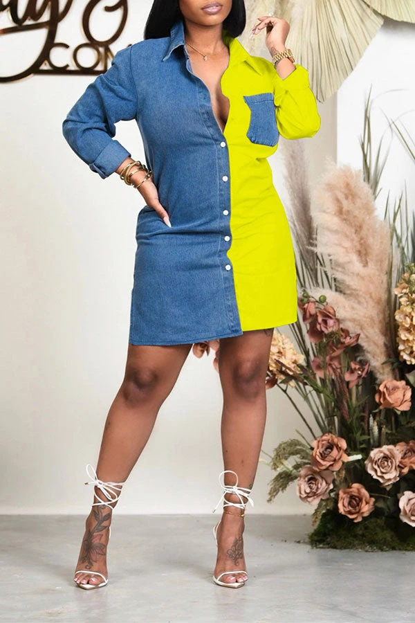 Color Block Lapel Casual Button Down Denim Mini Dress 7 Color Block Lapel Casual Button Down Denim Mini Dress - Image 7