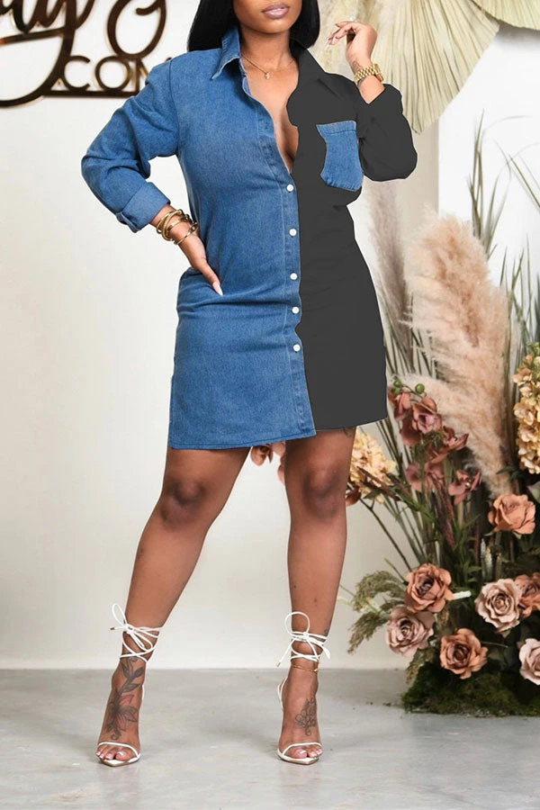 Color Block Lapel Casual Button Down Denim Mini Dress 10 Color Block Lapel Casual Button Down Denim Mini Dress - Image 10