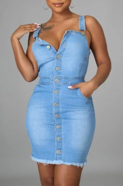 Solid Color Classic Button Down Denim Mini Dress