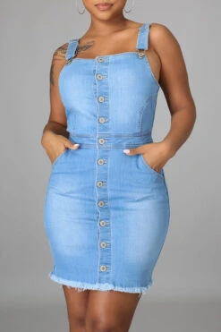 Solid Color Classic Button Down Denim Mini Dress -Clothing Outlet Store H21062415 2