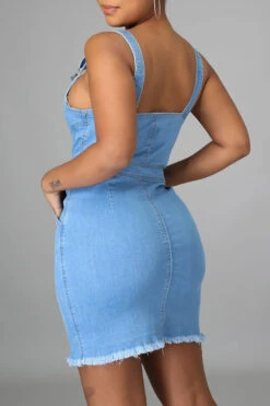 Solid Color Classic Button Down Denim Mini Dress -Clothing Outlet Store H21062415 3