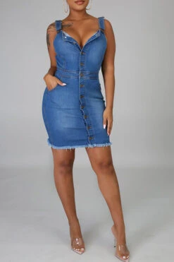 Solid Color Classic Button Down Denim Mini Dress -Clothing Outlet Store H21062415 4