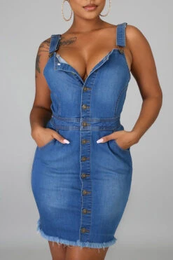 Solid Color Classic Button Down Denim Mini Dress -Clothing Outlet Store H21062415 5