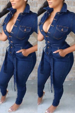 Navy Blue Casual Button Down Denim Jumpsuit With Belt