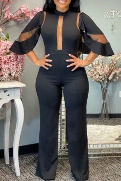 Mesh Patchwork Glamorous Jumpsuit -Clothing Outlet Store H21071612 BK 1