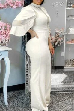 Mesh Patchwork Glamorous Jumpsuit -Clothing Outlet Store H21071612 WH 2