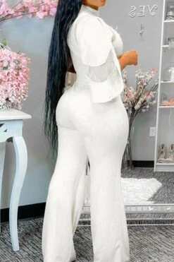 Mesh Patchwork Glamorous Jumpsuit -Clothing Outlet Store H21071612 WH 3