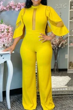 Mesh Patchwork Glamorous Jumpsuit -Clothing Outlet Store H21071612 YE 4