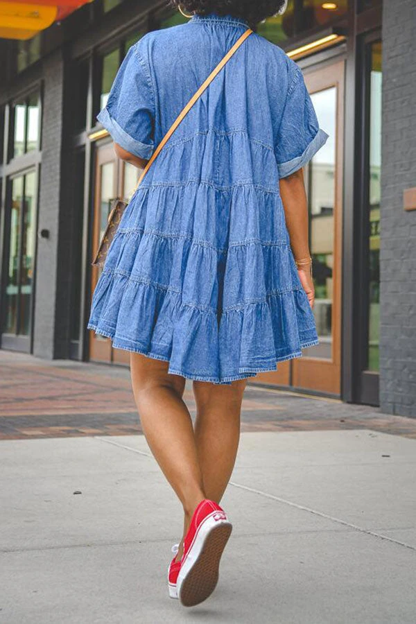 Blue Lapel Classic Button Down Denim Mini Dress 2 Blue Lapel Classic Button Down Denim Mini Dress - Image 2