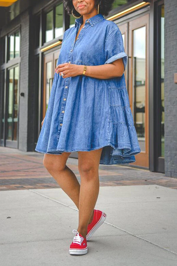 Blue Lapel Classic Button Down Denim Mini Dress 4 Blue Lapel Classic Button Down Denim Mini Dress - Image 4