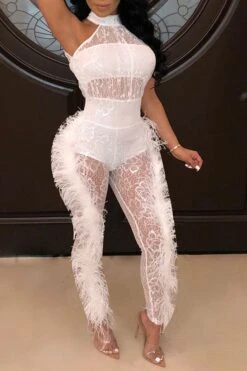 Floral Lace Romantic Feather See-Through Jumpsuit -Clothing Outlet Store H21080432 WH 1