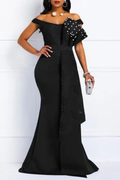 Lace Patchwork Elegant Faux Pearl Layered Ruffles Maxi Dress 21 Lace Patchwork Elegant Faux Pearl Layered Ruffles Maxi Dress -Clothing Outlet Store H21081327 BK 1