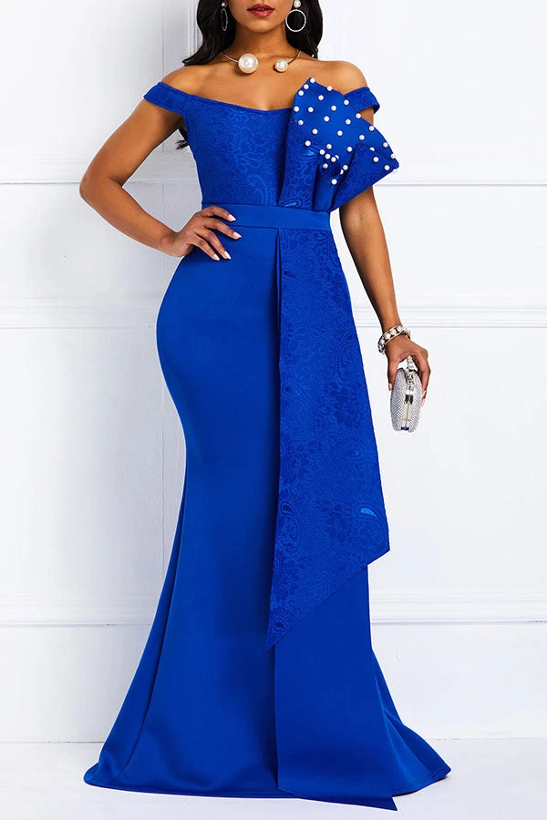 Lace Patchwork Elegant Faux Pearl Layered Ruffles Maxi Dress 4 Lace Patchwork Elegant Faux Pearl Layered Ruffles Maxi Dress - Image 4