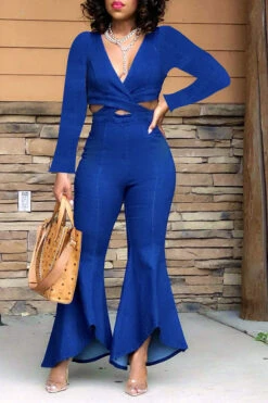 Denim Wrap Cutout Feminine Bell Bottoms Jumpsuit