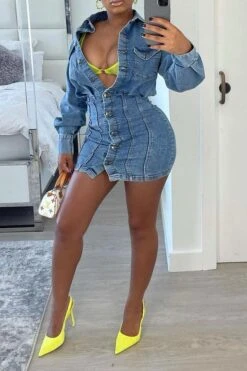 Blue Classic Button Down Denim Mini Dress -Clothing Outlet Store H21090220 BL 3