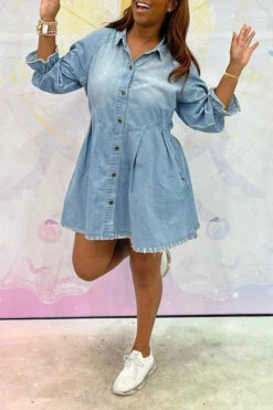 Light Blue Lapel Girly Denim Mini Dress