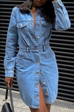 Blue Lapel Casual Button Down Denim Mini Dress
