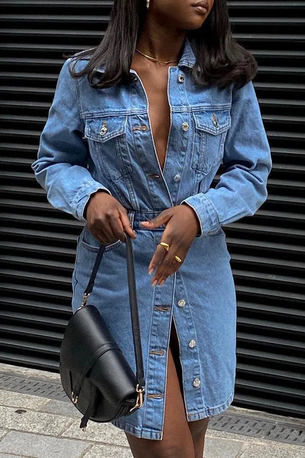 Blue Lapel Casual Button Down Denim Mini Dress 2 Blue Lapel Casual Button Down Denim Mini Dress - Image 2
