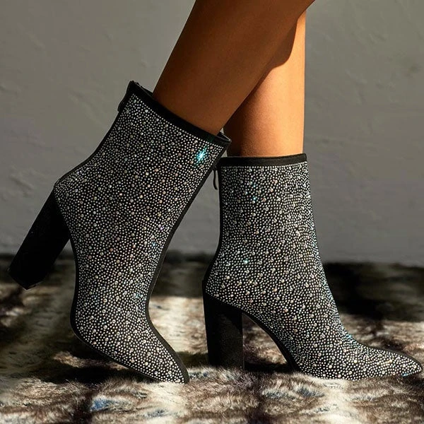 Rhinestone Glittery Pointed Toe Block Boots 1 Rhinestone Glittery Pointed Toe Block Boots