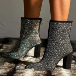 Rhinestone Glittery Pointed Toe Block Boots 5 Rhinestone Glittery Pointed Toe Block Boots -Clothing Outlet Store H21090812 BK 3