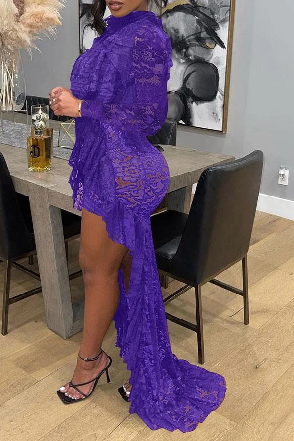 Floral Lace Ruffles Glamorous High Low Maxi Dress 4 Floral Lace Ruffles Glamorous High Low Maxi Dress - Image 4