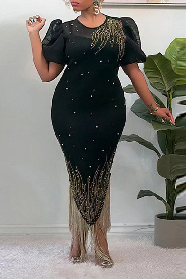 Mesh Patchwork Elegant Rhinestone Tassels Maxi Dress 3 Mesh Patchwork Elegant Rhinestone Tassels Maxi Dress - Image 3