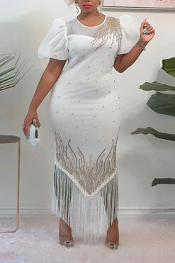 Mesh Patchwork Elegant Rhinestone Tassels Maxi Dress