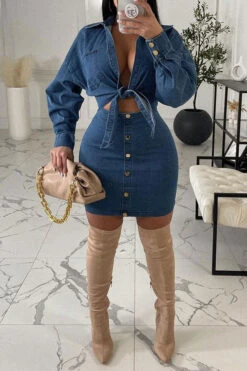 Denim Lapel Feminine Knotted Dress Suit