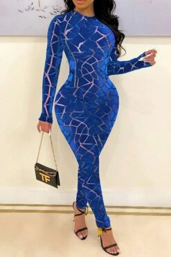 Abstract Print On-trend Zipper Bodycon Jumpsuit -Clothing Outlet Store H21101103 BL 1