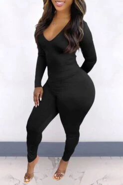 Solid Color Elegant Back Drawstring Jumpsuit -Clothing Outlet Store H21101107 BK 2