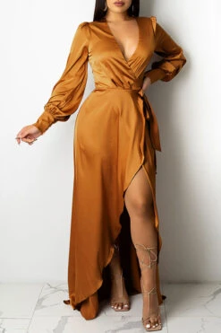 Solid Color Deep V Neck Luxe Lace-Up Split Maxi Dress 21 Solid Color Deep V Neck Luxe Lace-Up Split Maxi Dress -Clothing Outlet Store H21101420 KH 1 d3ddb624 f955 4090 bcd1 34c983cb8a52